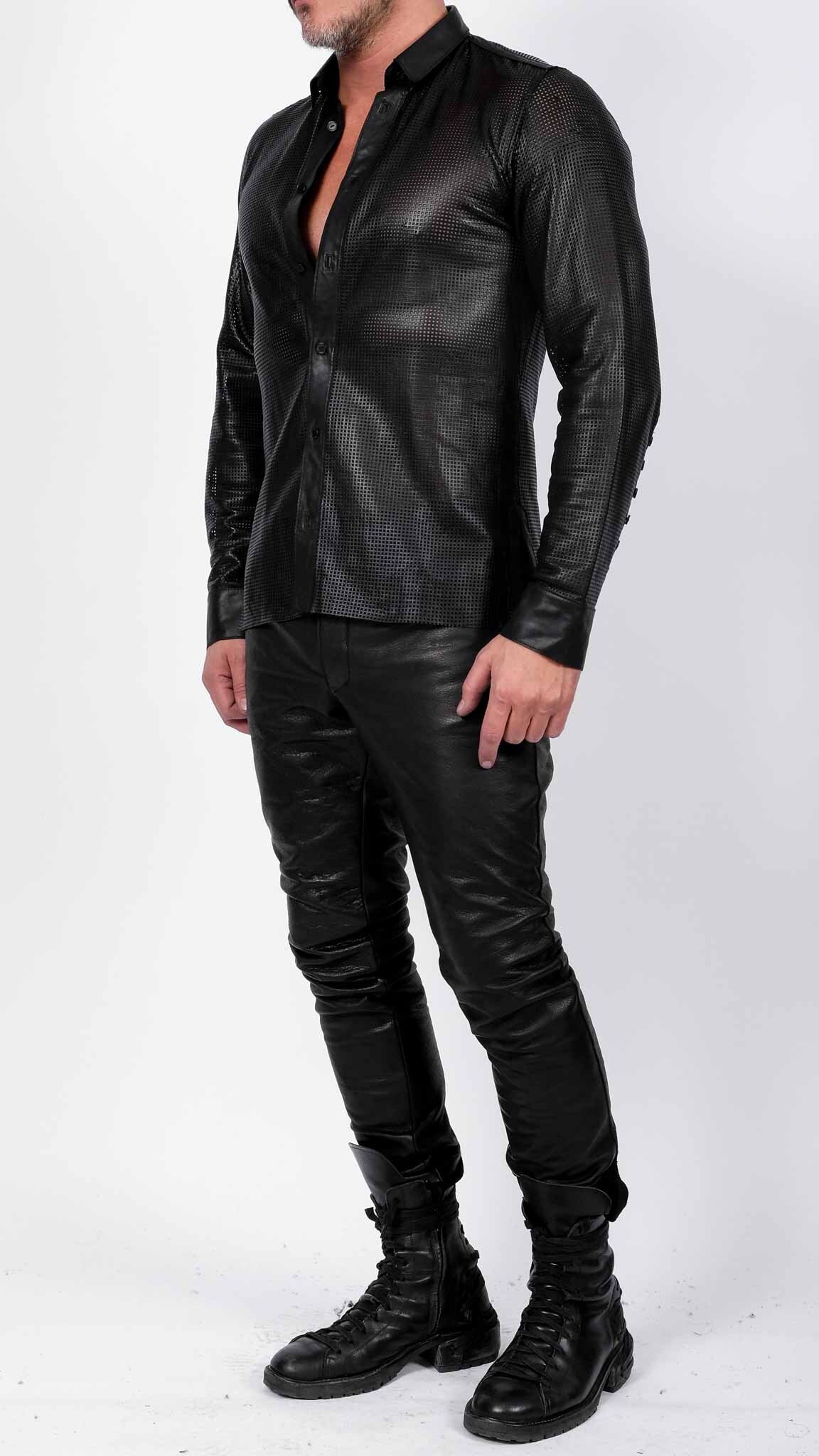 Perforated leather shirt on sale